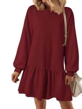 NWT Prettygarden Burgundy Ruffled Crewneck Sweatshirt Mini Dress Size Small